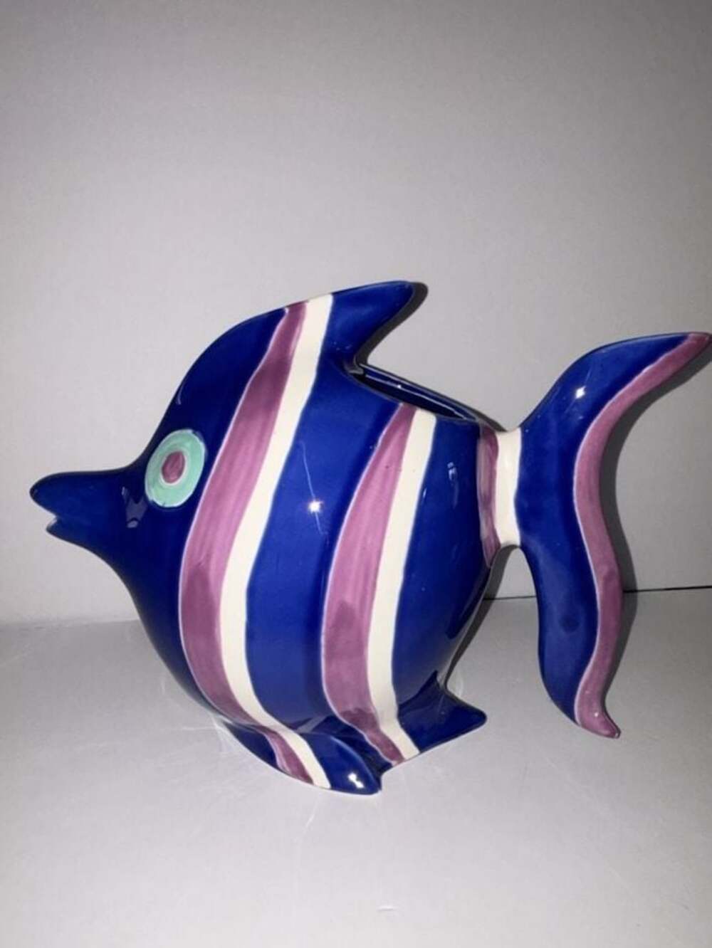 Vintage Ceramic Fish Pitcher, Striped Blue and Pink, Made in Japan
